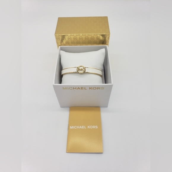 43- MICHAEL KORS Haute Gold Tone White Enamel Bangle Bracelet NWT - Picture 1 of 7